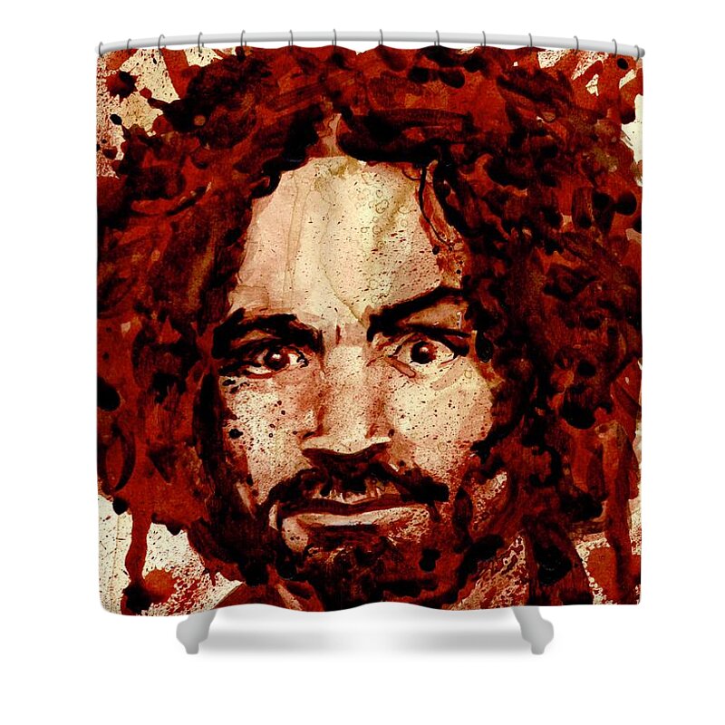 Ryan Almighty Shower Curtain featuring the painting CHARLES MANSON portrait dry blood by Ryan Almighty