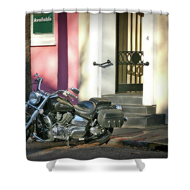 Motorcycle Prints Shower Curtain featuring the photograph Back Street Charleston Chopper by Phil Mancuso