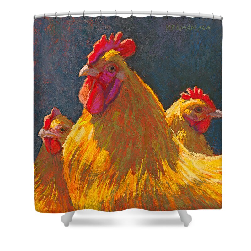 Rita Kirkman Shower Curtain featuring the pastel Charlie's Chickens by Rita Kirkman