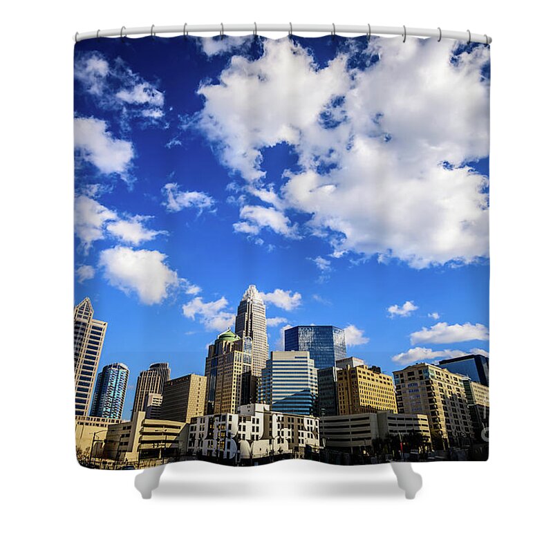 121 West Trade Shower Curtain featuring the photograph Charlotte Skyline Blue Sky and Clouds by Paul Velgos
