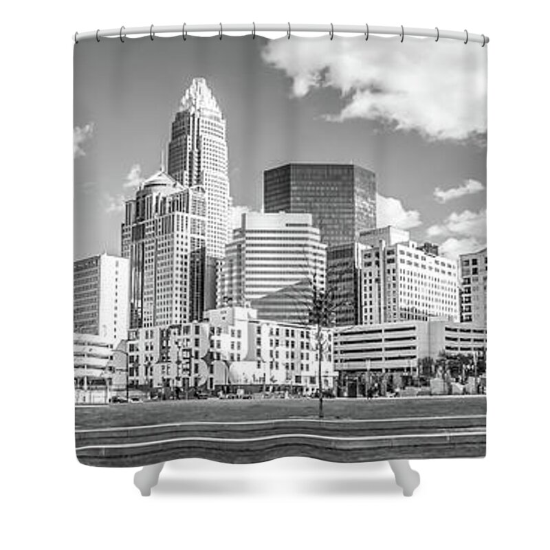 121 West Trade Shower Curtain featuring the photograph Charlotte Skyline Panorama Black and White Image by Paul Velgos
