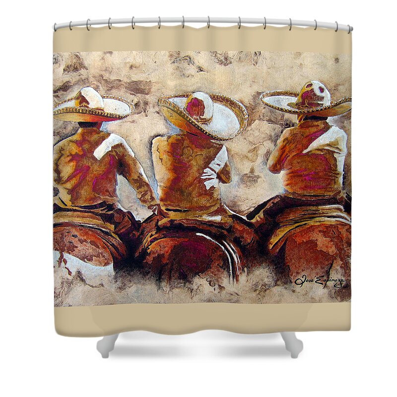 Jarabe Tapatio Shower Curtain featuring the painting C H A R R O . F R I E N D S by J U A N - O A X A C A