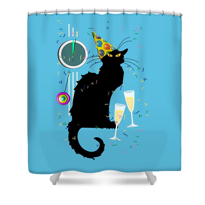 Le Chat Noir New Years Shower Curtain featuring the digital art Chat Noir New Years Party Countdown by Gravityx9 Designs