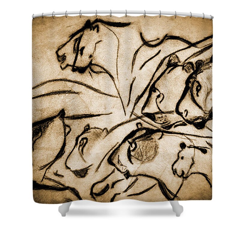 Chauvet Cave Lions Shower Curtain featuring the photograph Chauvet Cave Lions Burned Leather by Weston Westmoreland