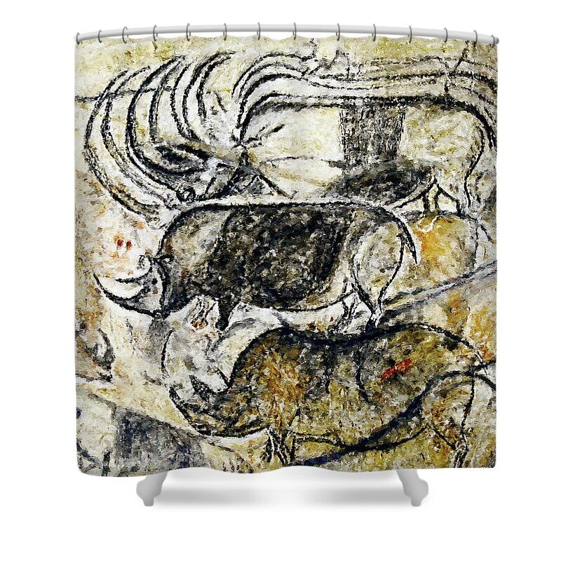 Chauvet Shower Curtain featuring the photograph Chauvet Three Rhinoceros by Weston Westmoreland