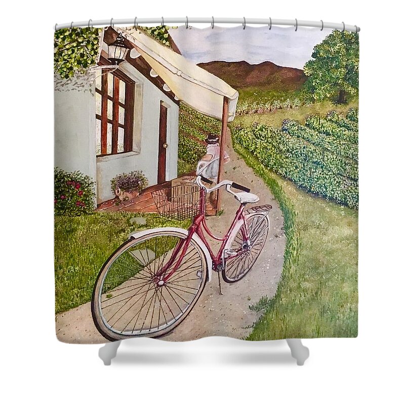 Land Scape Shower Curtain featuring the painting Bob Checking the Grapes by Chuck Gebhardt