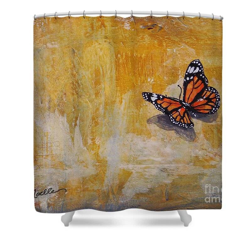 Butterfly Shower Curtain featuring the painting Cheerful visitor butterfly by Noelle Rollins