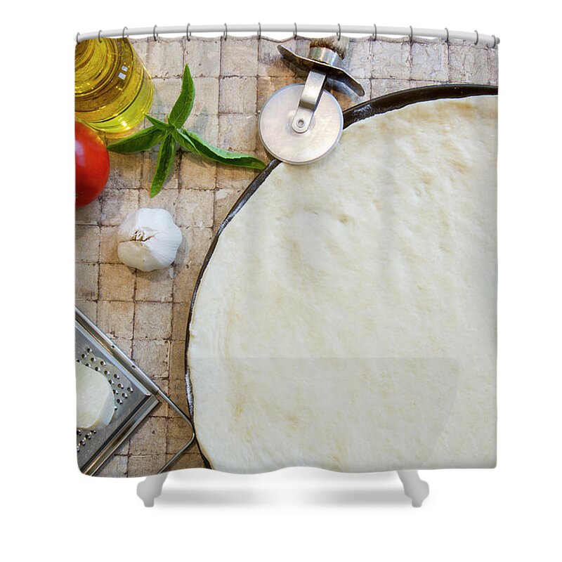 Basil Shower Curtain featuring the photograph Cheese margarita pizza ingredients and raw crust with cutter by Karen Foley