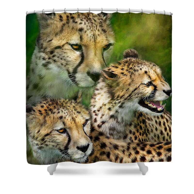 Cheetah Shower Curtain featuring the mixed media Cheetah Moods by Carol Cavalaris