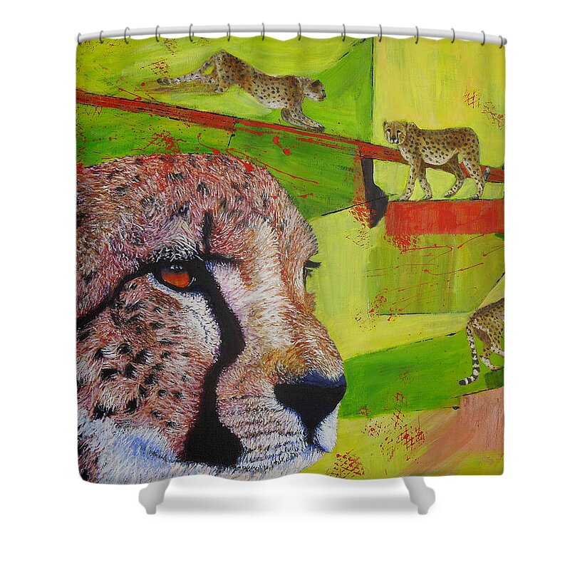 Art Shower Curtain featuring the painting Cheetahs at play by Shirley Wellstead