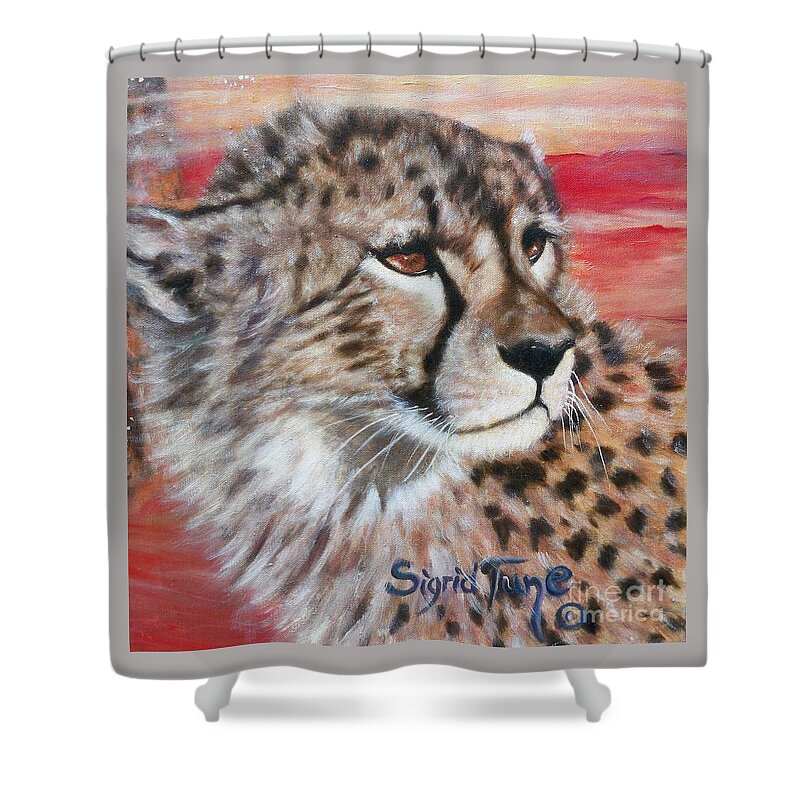   Beautiful Cheetahs Face Shower Curtain featuring the painting Blaa Kattproduksjoner    Cheetahs Face by Sigrid Tune