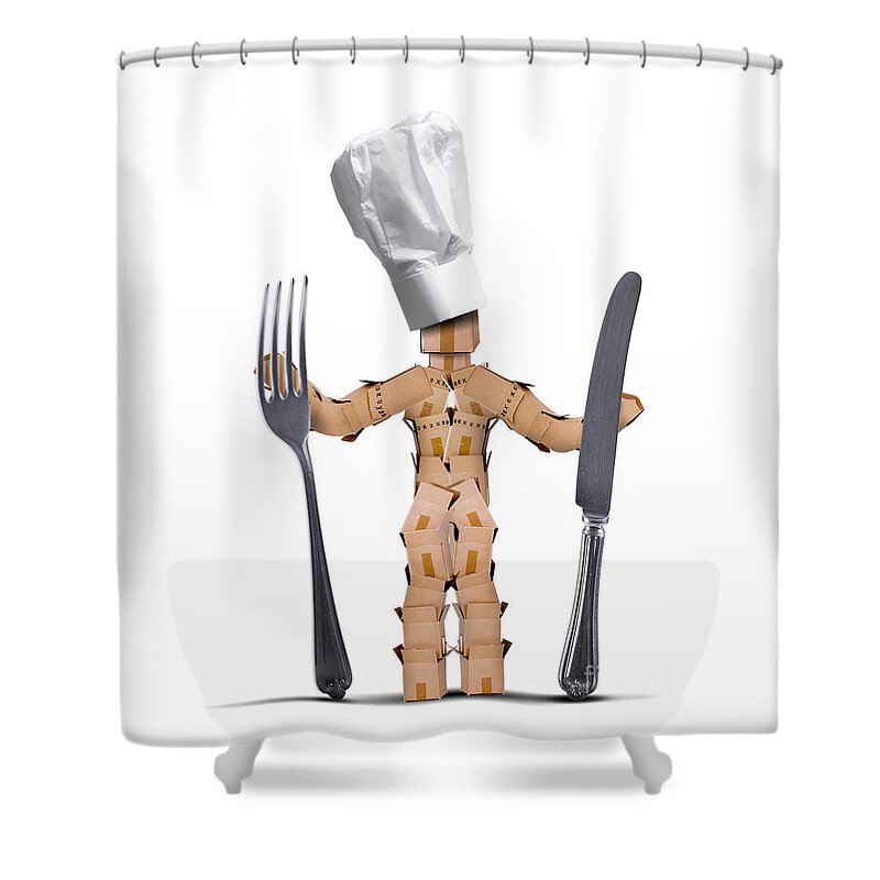 Kitchen Shower Curtain featuring the digital art Chef box man Character with cutlery by Simon Bratt