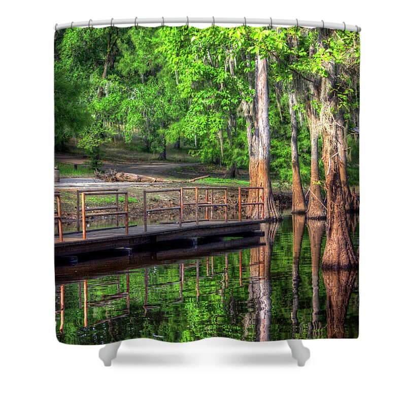 Louisiana Shower Curtain featuring the photograph Cheniere Lake Bayou Dock by Ester McGuire