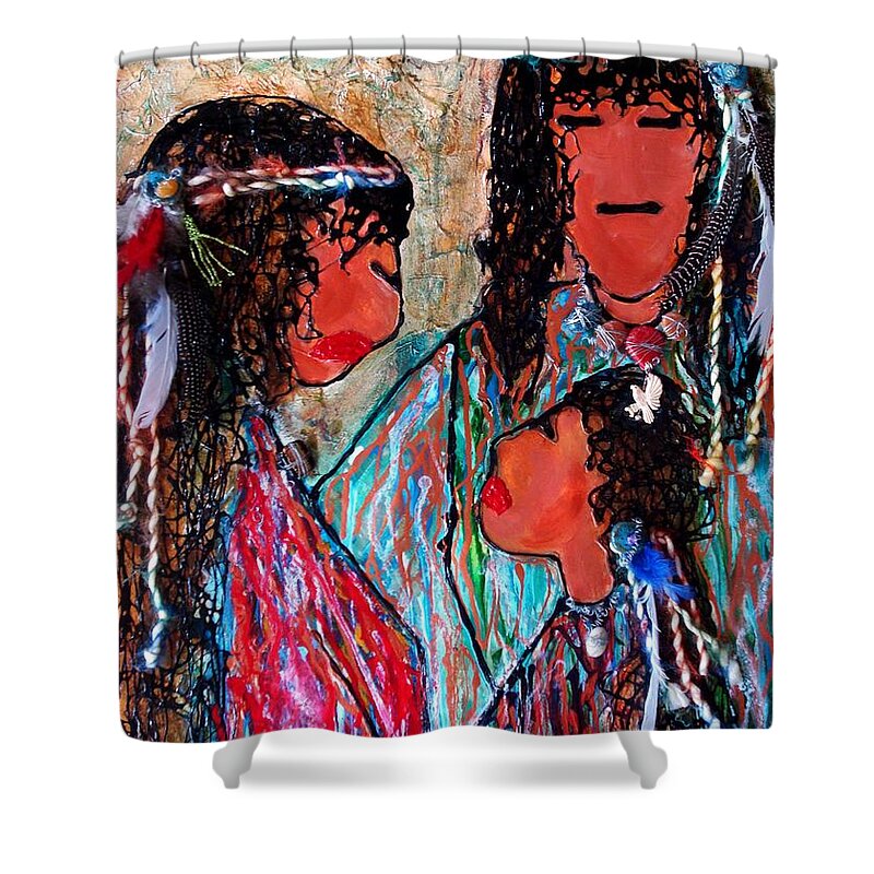 Native American Shower Curtain featuring the painting Cherokee Trail of Tears Brave Family by Laura Grisham