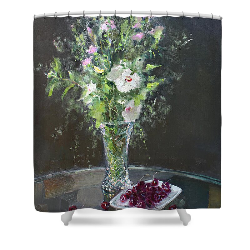 Cherries And Flowers For Her Shower Curtain featuring the painting Cherries and Flowers for Her III by Ylli Haruni