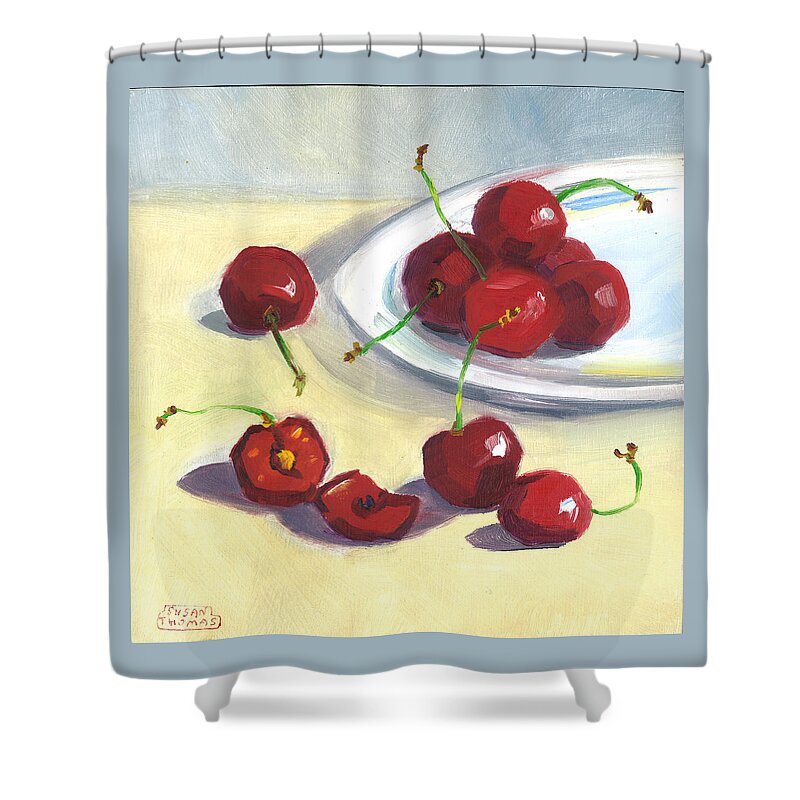 Cherries Shower Curtain featuring the painting Cherries on a Plate by Susan Thomas