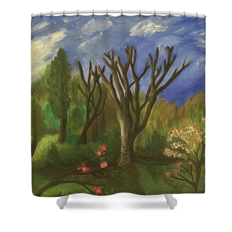 Cherry Blossoms Shower Curtain featuring the painting Cherry Blossom Time in Virginia by Susan Grunin