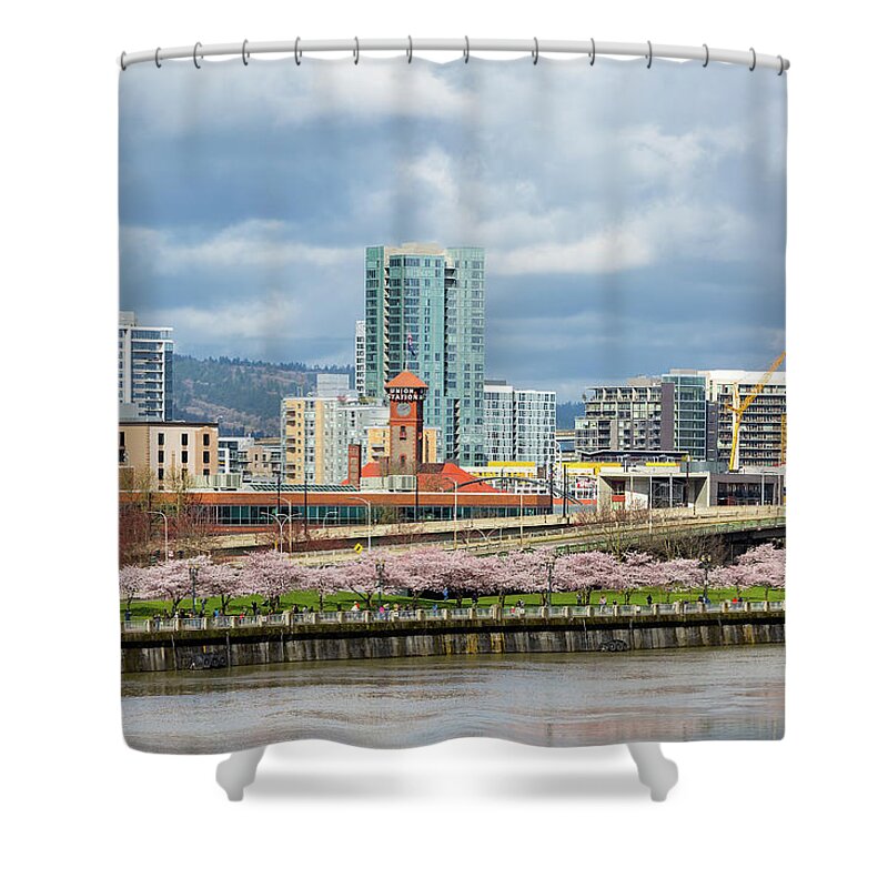 Cherry Blossom Shower Curtain featuring the photograph Cherry Blossom Trees at Portland Waterfront Park by David Gn