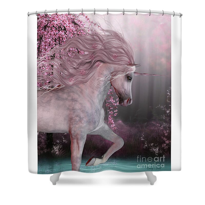Unicorn Shower Curtain featuring the painting Cherry Blossom Unicorn by Corey Ford