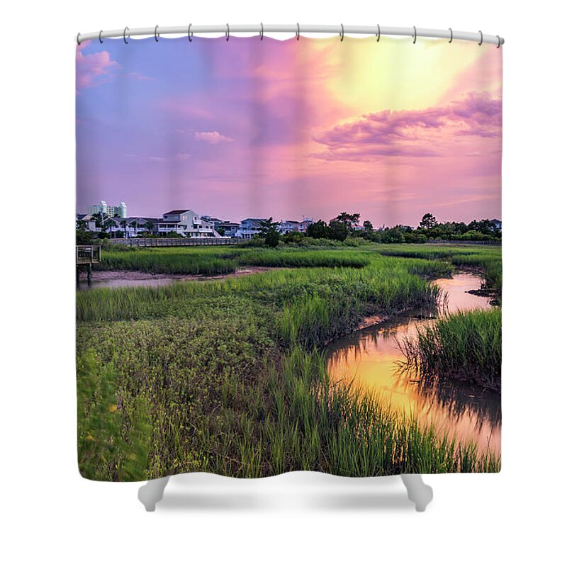 Fine Art Photography Shower Curtain featuring the photograph Cherry Grove Channel Marsh Sunset by David Smith