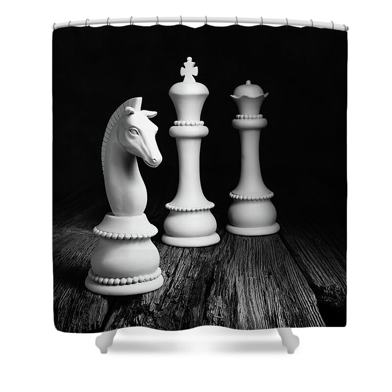 Queen Shower Curtain featuring the photograph Chess Pieces on Old Wood by Tom Mc Nemar