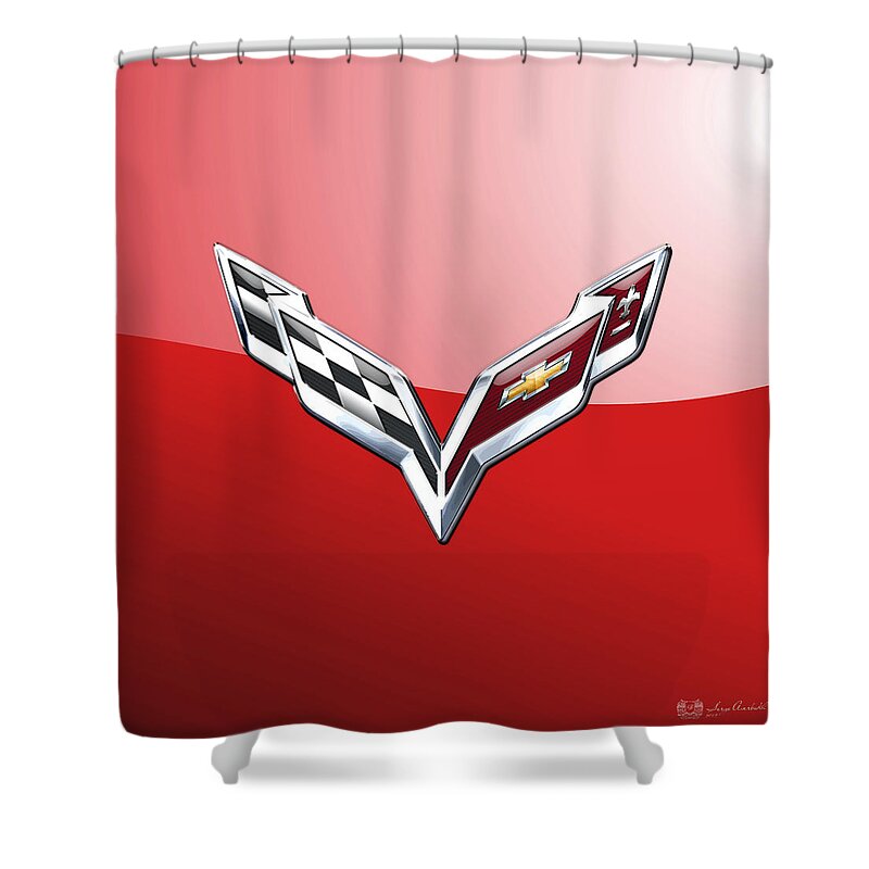 'wheels Of Fortune' Collection By Serge Averbukh Shower Curtain featuring the photograph Chevrolet Corvette - 3d Badge On Red by Serge Averbukh