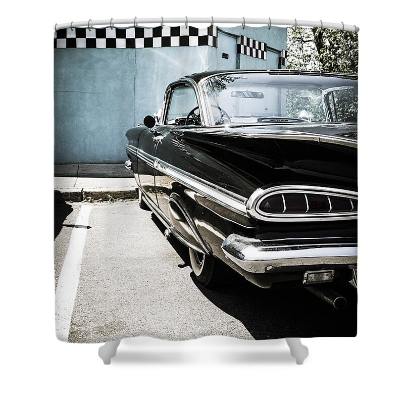 Chevrolet Impala Shower Curtain featuring the digital art Chevrolet Impala in front of american diner by Perry Van Munster