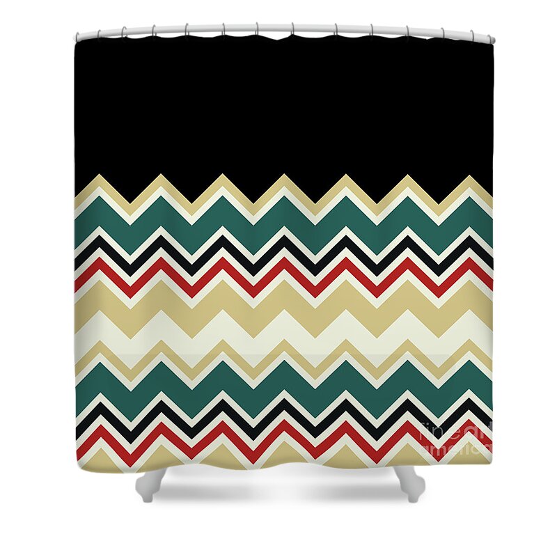 Forest Green Shower Curtain featuring the digital art Chevron Beige Forest Green Red Black Zigzag Pattern by Beverly Claire Kaiya