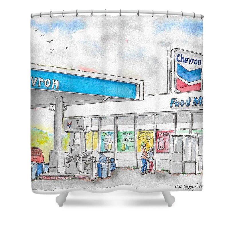 Chevrom Shower Curtain featuring the painting Chevron Food Mart in Ludlow, California by Carlos G Groppa
