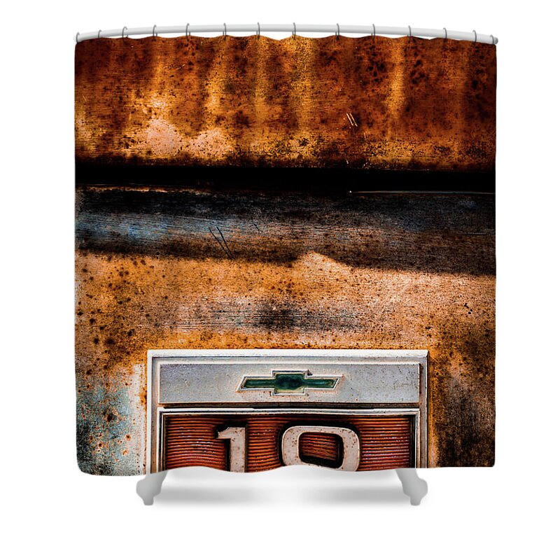 C10 Shower Curtain featuring the photograph Chevy C10 Rusted Emblem by Ron Pate