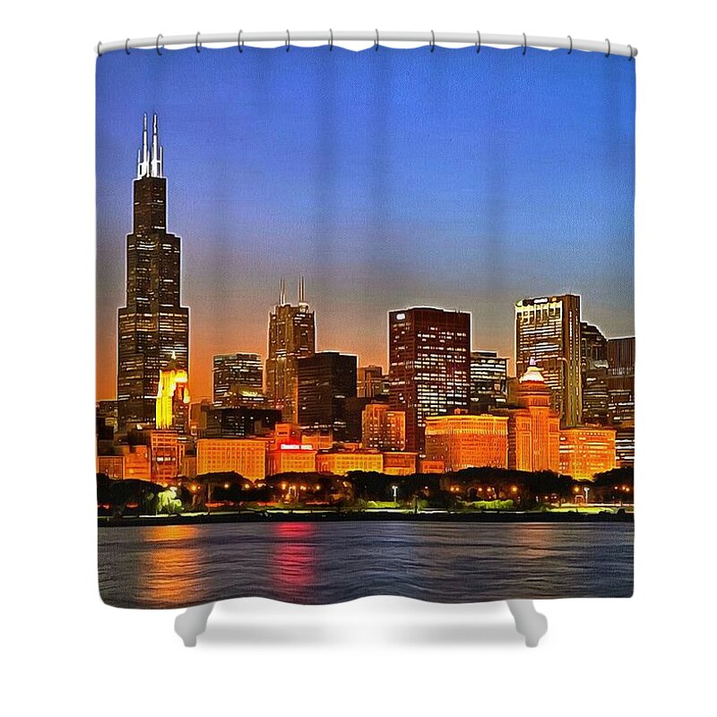 Chicago Shower Curtain featuring the digital art Chicago Dusk by Charmaine Zoe