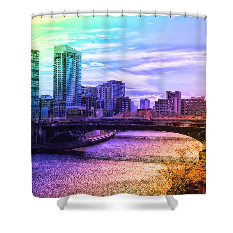 Prismatic Shower Curtain featuring the photograph Chicago In November Chicago River South Branch PA Rainbow 02 by Thomas Woolworth
