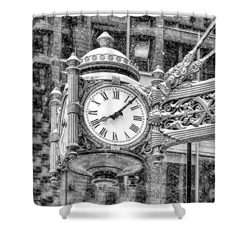 Chicago Shower Curtain featuring the photograph Chicago Marshall Field State Street Clock Black and White by Christopher Arndt