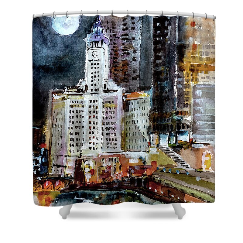 Chicago Shower Curtain featuring the painting Chicago Night Wrigley Building Art by Ginette Callaway
