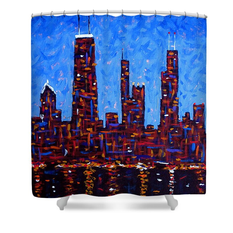 Night Painting Shower Curtain featuring the painting Chicago Skyline at Night from North Avenue Pier - vertical by J Loren Reedy
