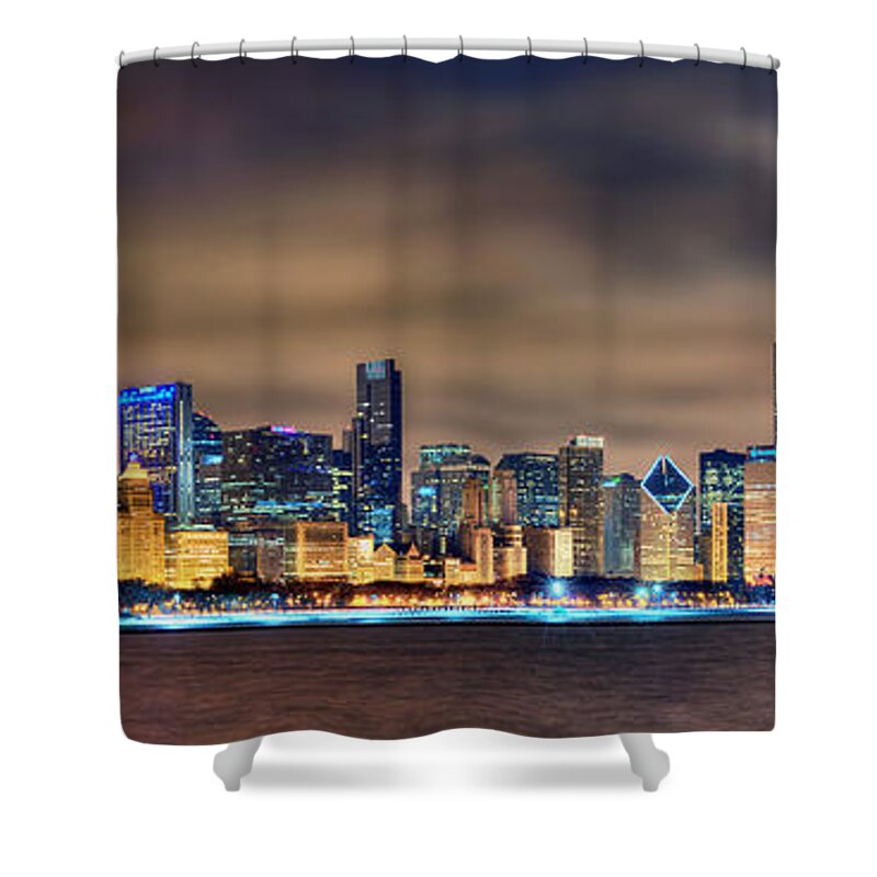 Chicago Shower Curtain featuring the photograph Chicago Skyline at NIGHT Panorama Color 1 to 3 Ratio by Jon Holiday
