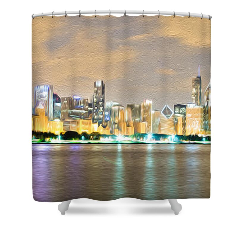 Chicago Shower Curtain featuring the painting Chicago Skyline in Oil by Lev Kaytsner