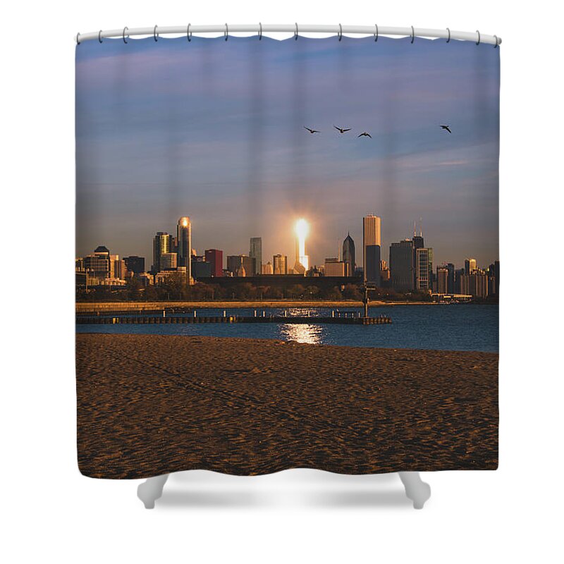 Chicago Shower Curtain featuring the photograph Chicago Skyline Morning Glow by Jay Smith