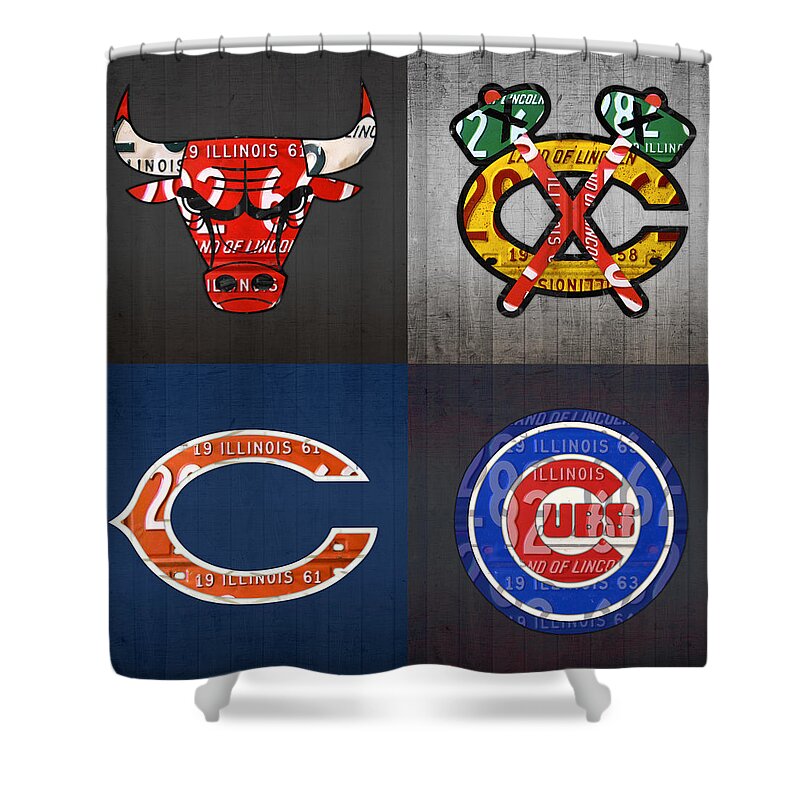 Chicago Shower Curtain featuring the mixed media Chicago Sports Fan Recycled Vintage Illinois License Plate Art Bulls Blackhawks Bears and Cubs by Design Turnpike