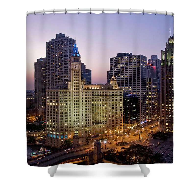 Chicago Shower Curtain featuring the photograph Chicago Wrigley Building at dusk by Karen Smale