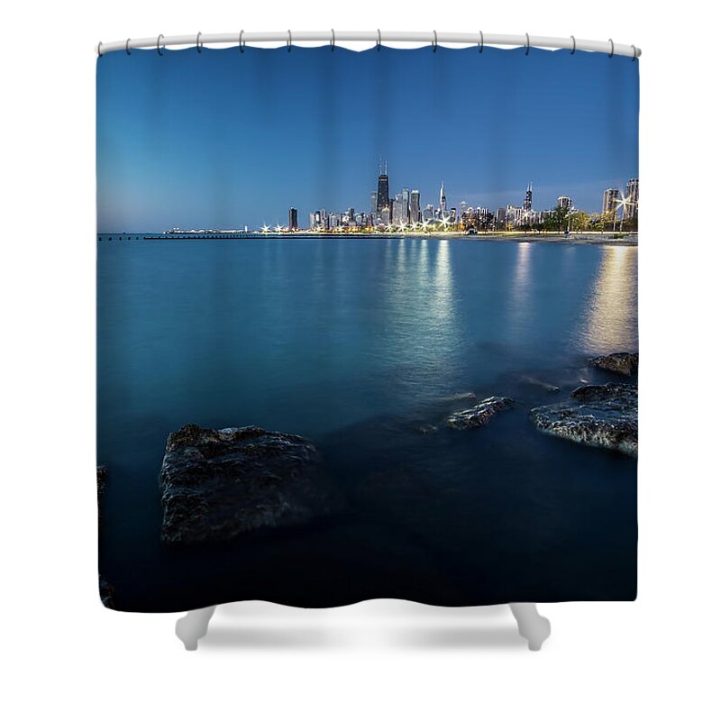 Lake Michgan Shower Curtain featuring the photograph Chicago's Lakefront and skyline at dawn by Sven Brogren