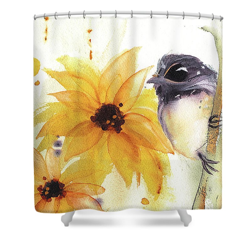 Watercolor Shower Curtain featuring the painting Chickadee and Sunflowers by Dawn Derman