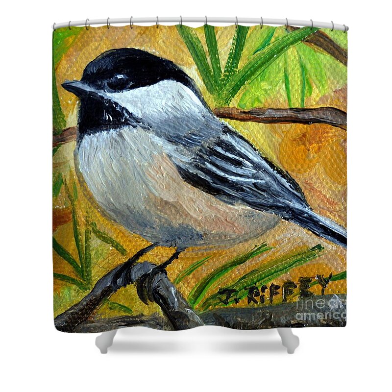 Chickadee Shower Curtain featuring the painting Chickadee in the Pines - Birds by Julie Brugh Riffey