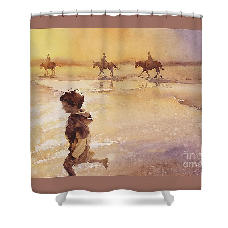 Clouds Shower Curtain featuring the painting Child on Beach- Ocracoke Island, NC by Ryan Fox