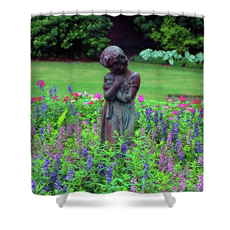 Figurative Shower Curtain featuring the photograph Child With Her Pet Statue by Cynthia Guinn