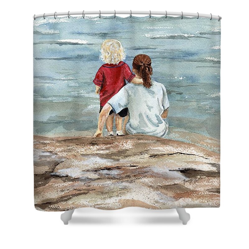 Ocean Shower Curtain featuring the painting Children By the Sea by Nancy Patterson