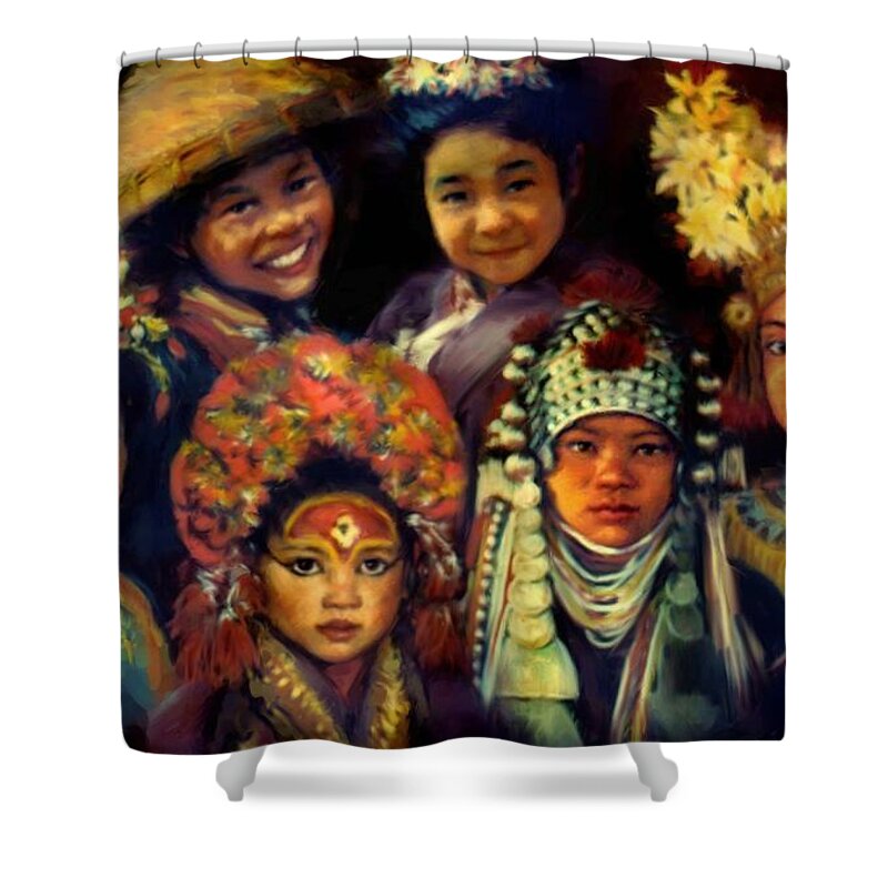 Children Shower Curtain featuring the painting Children of Asia by Jean Hildebrant