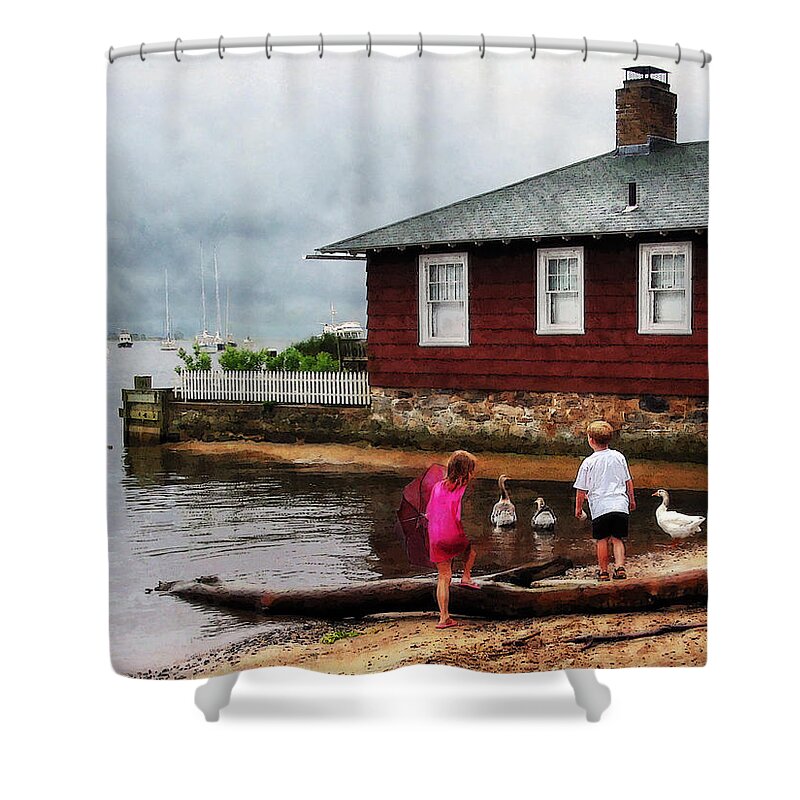 Boat Shower Curtain featuring the photograph Children Playing at Harbor Essex CT by Susan Savad