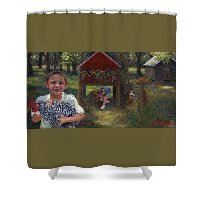 Landscape Shower Curtain featuring the painting Chilli Chickens by Susan Hensel