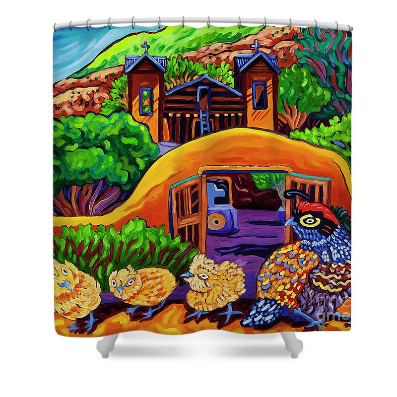 Quail Shower Curtain featuring the painting Chimayo Quail by Cathy Carey